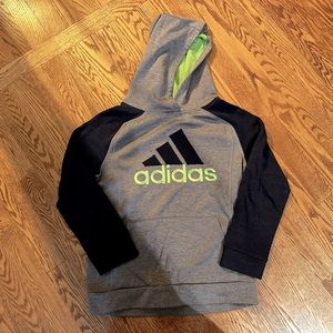 Adidas hooded sweatshirt grey with navy sleeves. Size 10/12